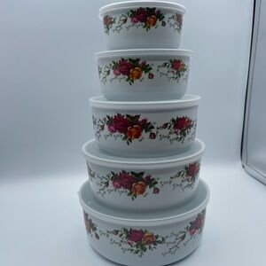 Royal Albert old country roses plastic bowls 5 piece set with lids stackable